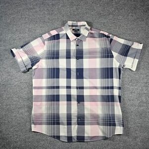 Alfani Mens XL Short Sleeve Button Down Shirt Navy Pink White Plaid Cotton